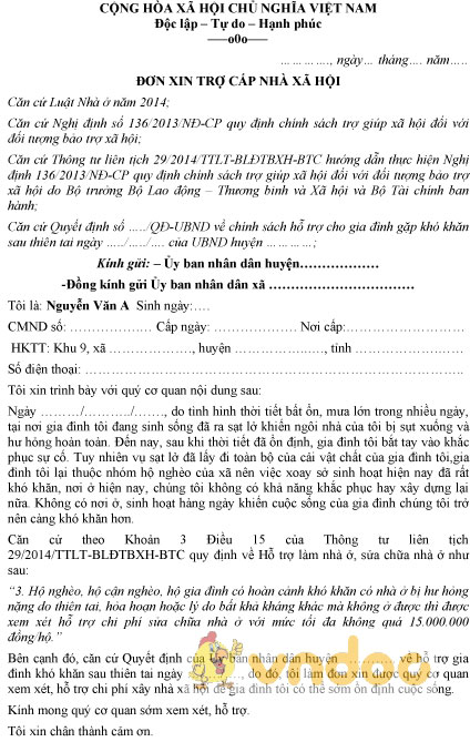 Mẫu đơn xin cấp nhà trợ cấp xã hội