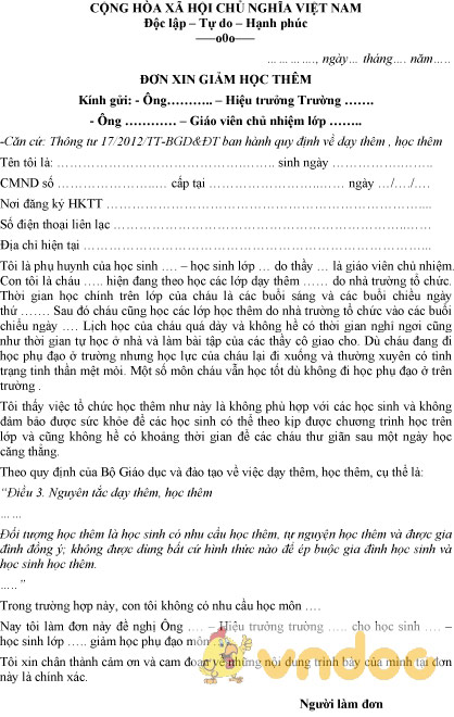 Mẫu đơn xin giảm học thêm