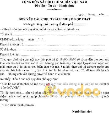 Mẫu đơn yêu cầu chịu trách nhiệm nộp phạt