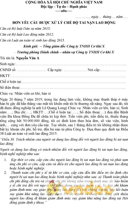 Mẫu đơn yêu cầu được xử lý chế độ tai nạn lao động