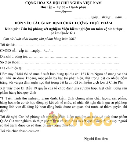 Mẫu đơn yêu cầu giám định chất lượng thực phẩm