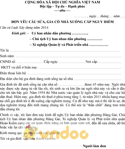 Mẫu đơn yêu cầu sửa, gia cố nhà xuống cấp nguy hiểm