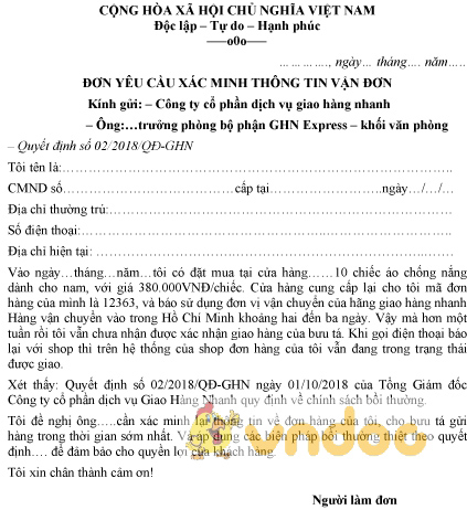 Mẫu đơn yêu cầu xác minh thông tin vận đơn