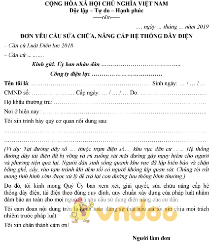 Đơn yêu cầu sửa chữa, nâng cấp hệ thống dây điện