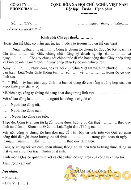 Mẫu công văn xin ưu đãi thuế