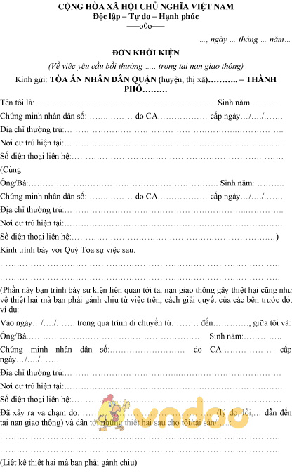 Mẫu đơn khởi kiện bồi thường tai nạn giao thông