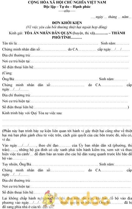 Mẫu đơn khởi kiện bồi thường thiệt hại ngoài hợp đồng
