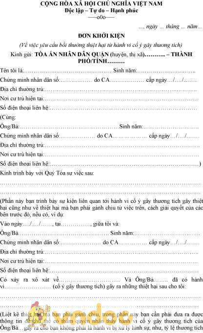 Mẫu đơn khởi kiện cố ý gây thương tích