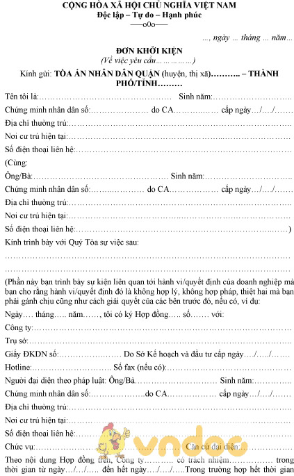 Mẫu đơn khởi kiện doanh nghiệp