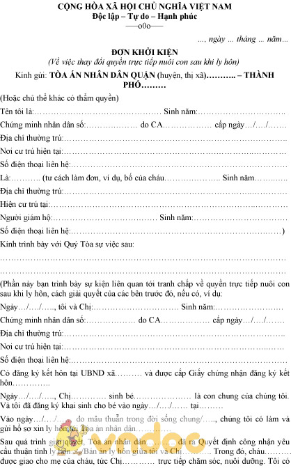 Mẫu đơn khởi kiện giành quyền nuôi con