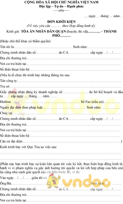 Mẫu đơn khởi kiện hợp đồng kinh tế