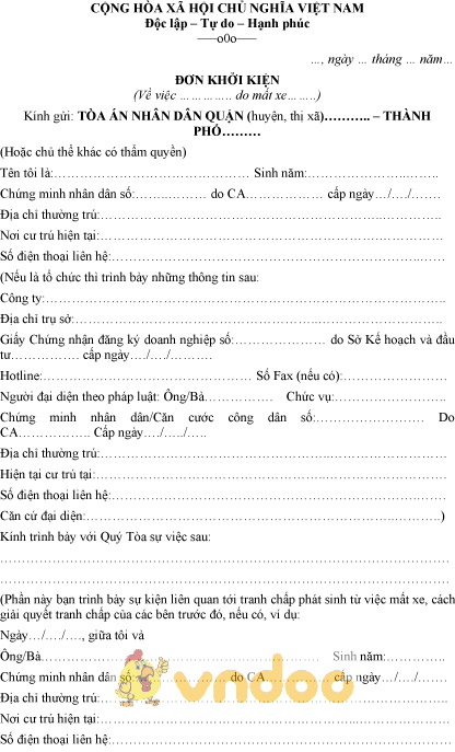 Mẫu đơn khởi kiện mất xe