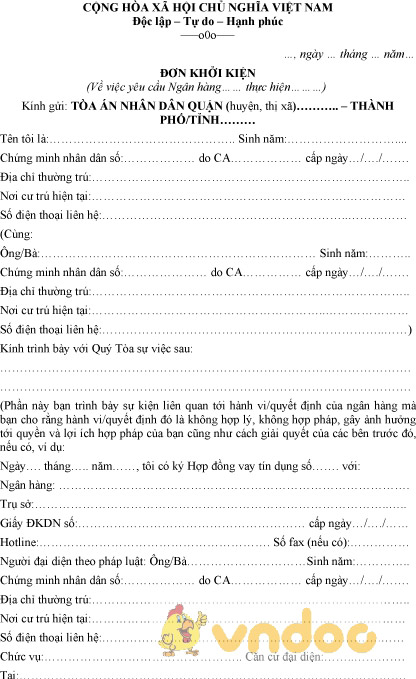 Mẫu đơn khởi kiện ngân hàng