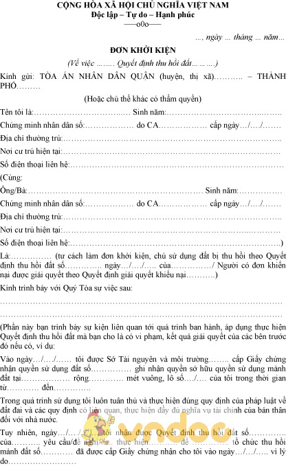 Mẫu đơn khởi kiện quyết định thu hồi đất