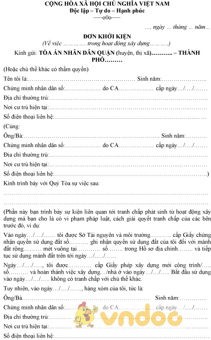 Mẫu đơn khởi kiện xây dựng