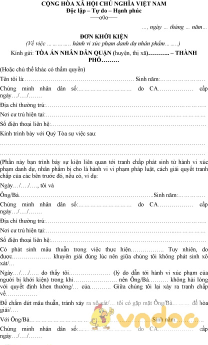 Mẫu đơn khởi kiện xúc phạm danh dự nhân phẩm