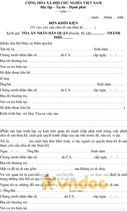 Mẫu đơn khởi kiện yêu cầu chia di sản thừa kế