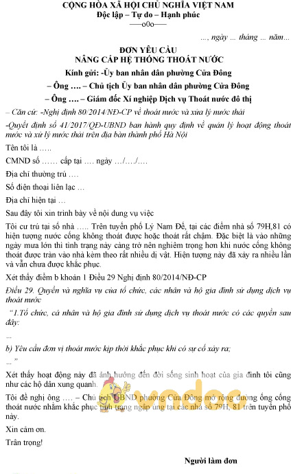 Mẫu đơn yêu cầu nâng cấp hệ thống thoát nước