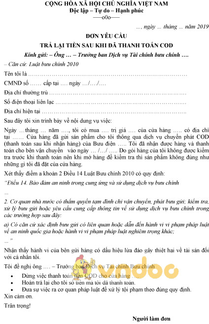 Mẫu đơn yêu cầu trả lại tiền sau khi đã thanh toán cod