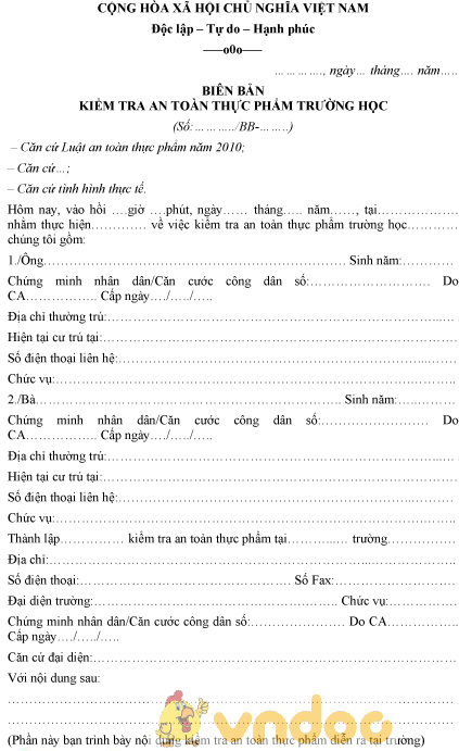 Mẫu biên bản kiểm tra an toàn thực phẩm trường học