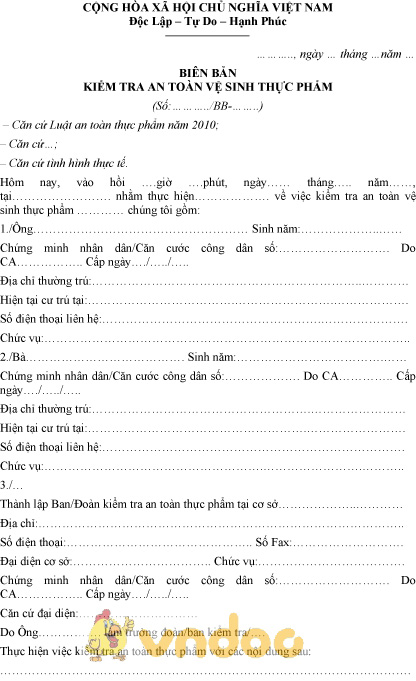 Mẫu biên bản kiểm tra an toàn vệ sinh thực phẩm