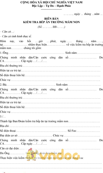 Mẫu biên bản kiểm tra bếp ăn trường mầm non