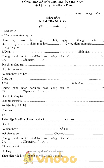 Mẫu biên bản kiểm tra nhà ăn