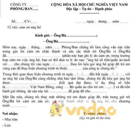 Mẫu công văn cảm ơn ủng hộ