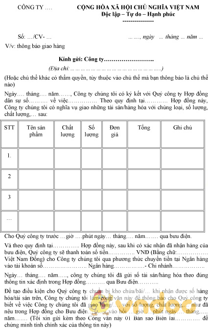 Mẫu công văn thông báo giao hàng