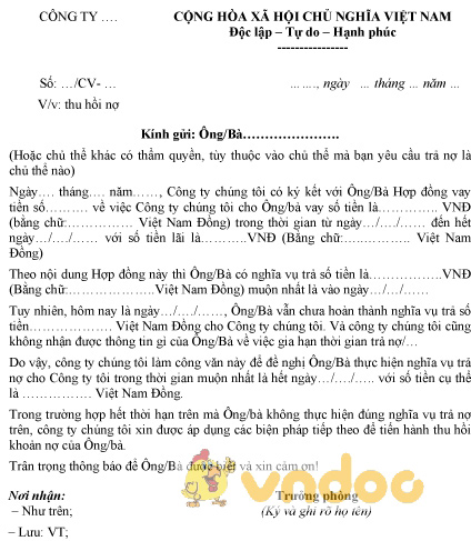 Mẫu công văn thu hồi nợ