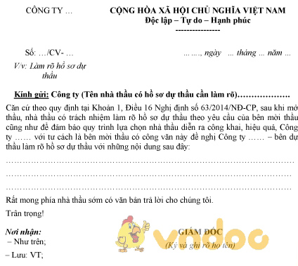 Mẫu công văn yêu cầu làm rõ hồ sơ dự thầu