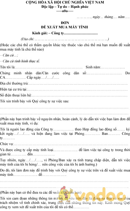Mẫu đơn đề xuất mua máy tính
