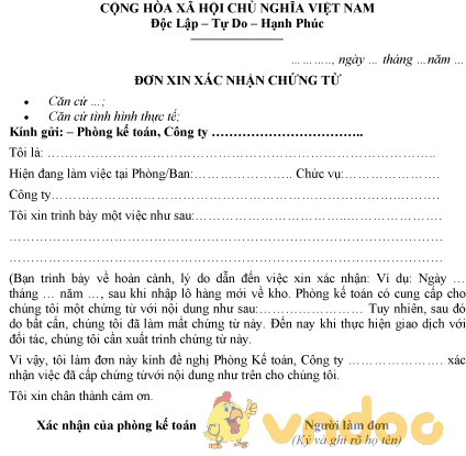 Mẫu đơn xin xác nhận chứng từ