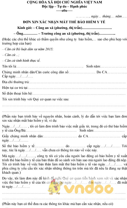 Mẫu đơn xin xác nhận mất thẻ bảo hiểm y tế
