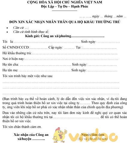 Mẫu đơn xin xác nhận nhân thân qua hộ khẩu thường trú