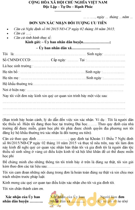 Mẫu đơn xin xác nhận thuộc đối tượng ưu tiên