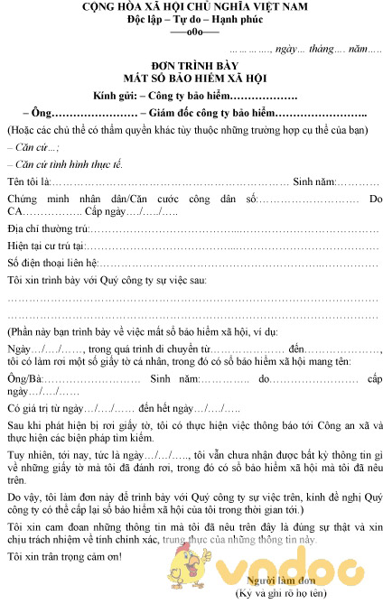 Mẫu đơn trình bày mất sổ bảo hiểm xã hội