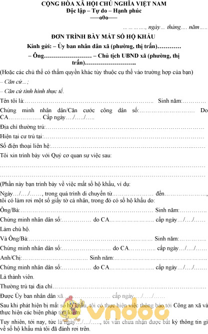 Mẫu đơn trình bày mất sổ hộ khẩu