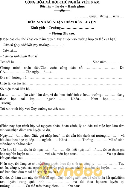 Mẫu đơn xin xác nhận điểm rèn luyện