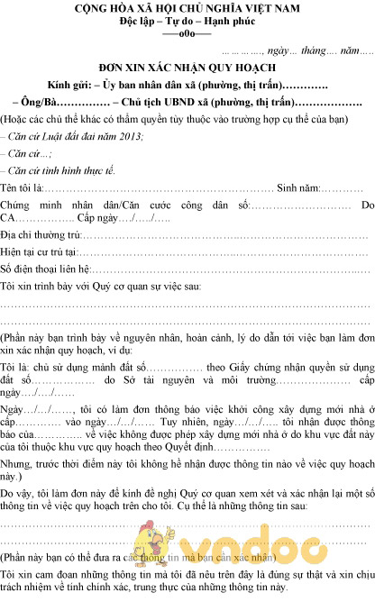 Mẫu đơn xin xác nhận quy hoạch