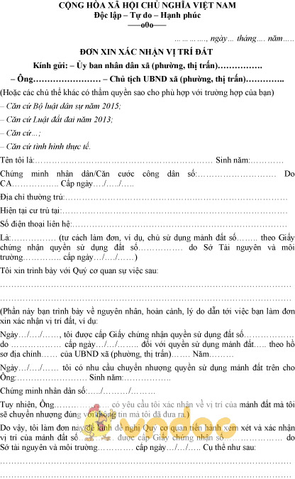 Mẫu đơn xin xác nhận vị trí đất