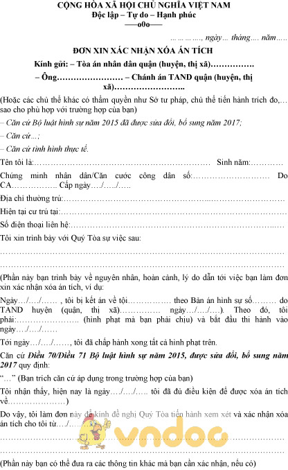 Mẫu đơn xin xác nhận xóa án tích