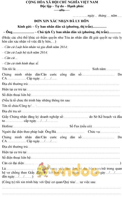 Mẫu đơn xin xác nhận đã ly hôn