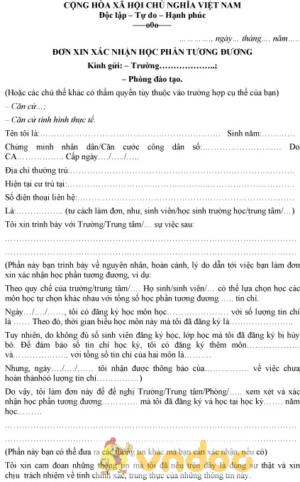 Mẫu đơn xin xác nhận học phần tương đương