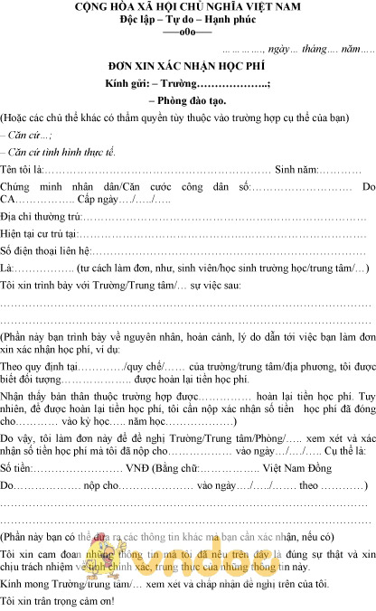 Mẫu đơn xin xác nhận học phí