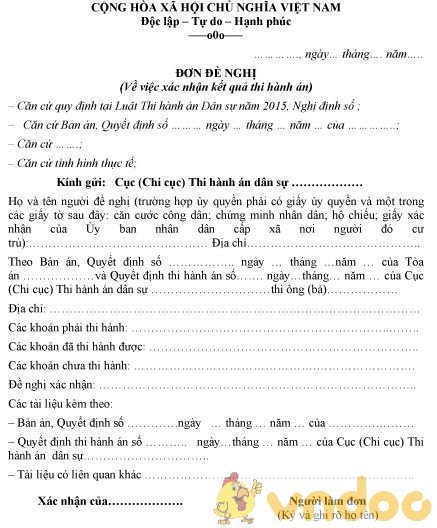 Mẫu đơn xin xác nhận kết quả thi hành án