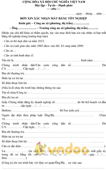 Mẫu đơn xin xác nhận mất bằng tốt nghiệp