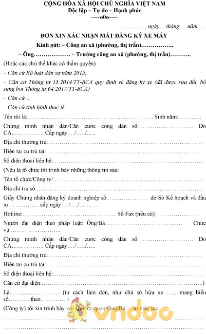 Mẫu đơn xin xác nhận mất đăng ký xe máy