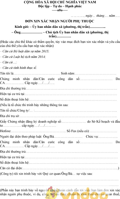 Mẫu đơn xin xác nhận người phụ thuộc