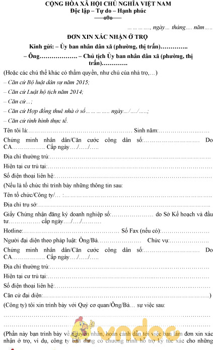 Mẫu đơn xin xác nhận ở trọ